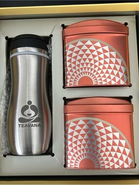 Teavana Stainless Tumbler with Coral Patterned Tea Canisters
